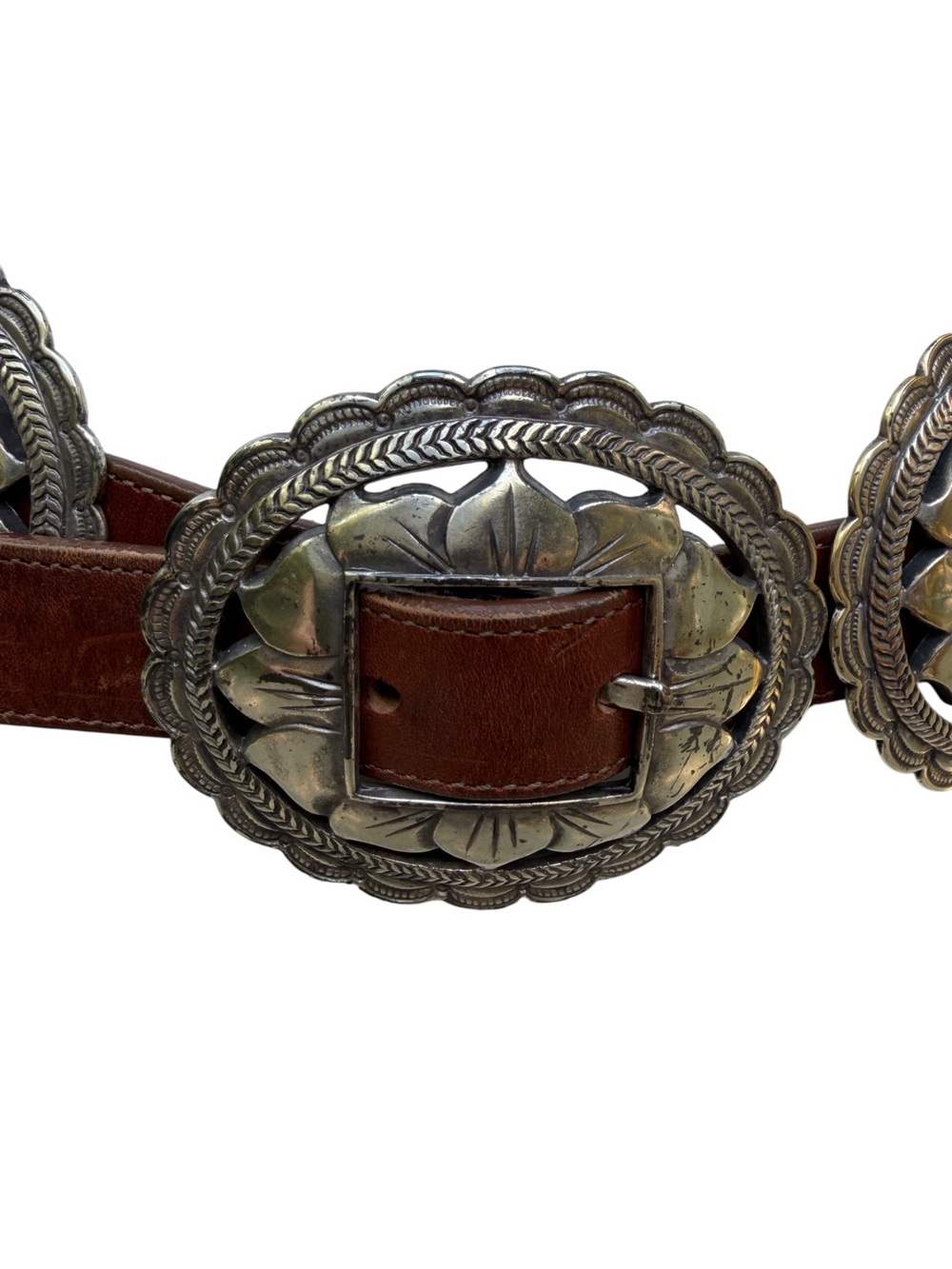 Brighton Y2K Western Concho Leather Belt in Brown and Silver - Picture 3 of 6